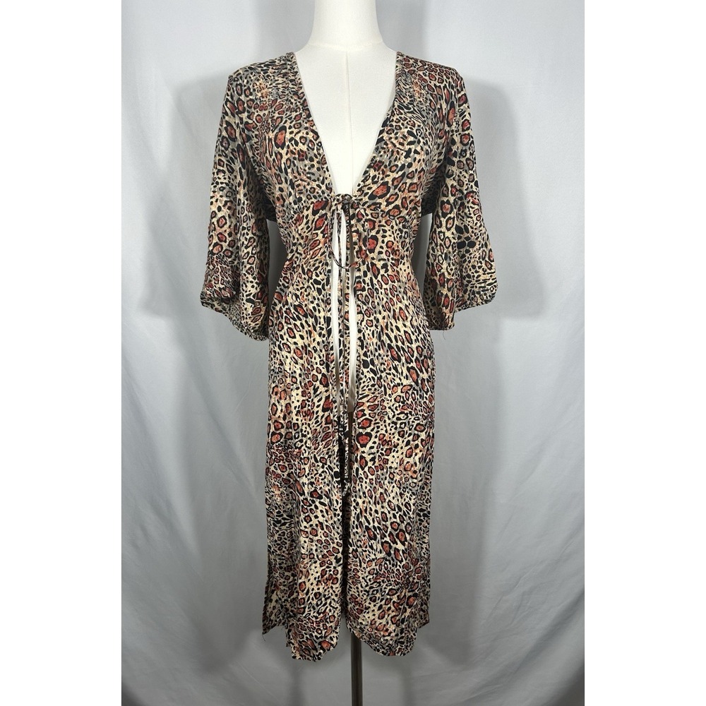 Angie Brown Leopard Print Front Tie Longline Cardigan Size L Boho Y2K Festival